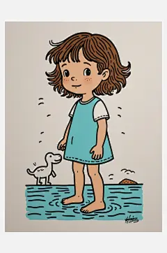 数字艺术插画版画海边女孩线条画扁平风装饰-众图网