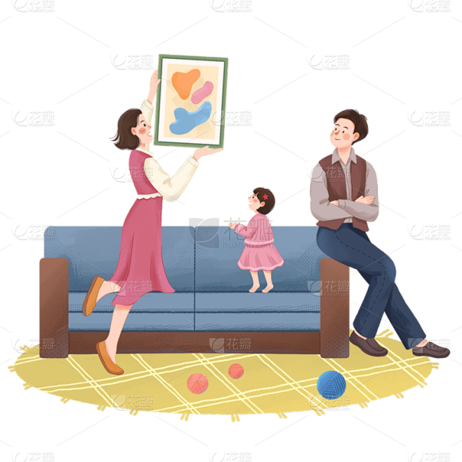 彩色一家人手绘插画贴纸元素设计