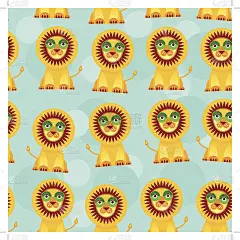 无缝图案与滑稽可爱的狮子动物在蓝色的背景