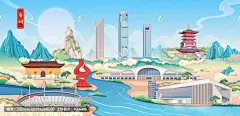 台州地标建筑国潮城市手绘插画