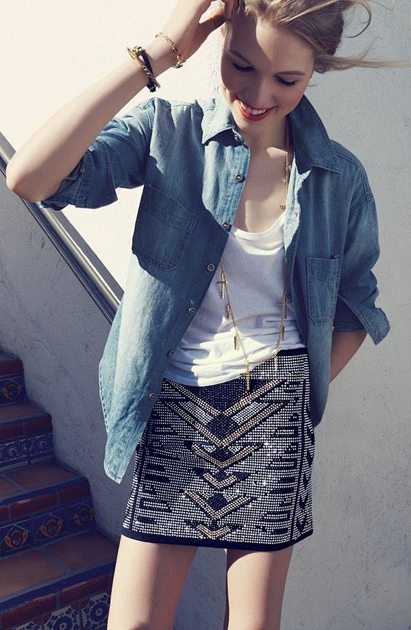 denim + beaded skirt...