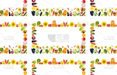 大而明亮的无缝图案新鲜健康的水果、蔬菜、浆果上隔离白色