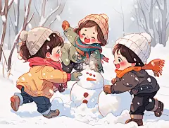 冬天雪天小孩堆雪人玩耍开心笑插画冬日治愈插画儿童插画幼儿园教育日漫风格