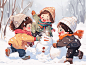 冬天雪天小孩堆雪人玩耍开心笑插画冬日治愈插画儿童插画幼儿园教育日漫风格