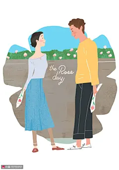 男孩女孩手拿玫瑰表白情侣情人节插画 节日节气 情人节