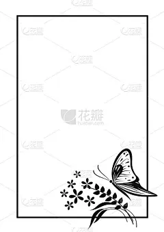矢量空白的信件或贺卡。黑色和白色的形式，框架，蝴蝶和花。A4格式。