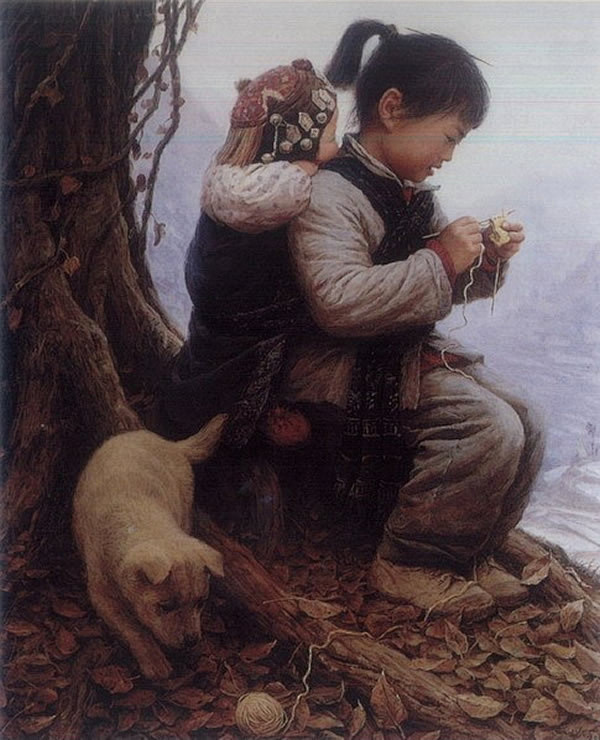 油画李自健姐弟情深