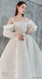 beaute comme toi 2021 bridal long sleeves cold shoulder with strap straight across neckline heavily embellished bodice princess a  line wedding dress mid back chapel train (eloise) zv