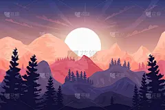 夕阳在山上，山清水秀，大太阳，森林剪影。可以用作背景和壁纸。