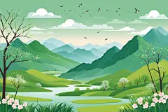 山景景色春季风景插画背景图