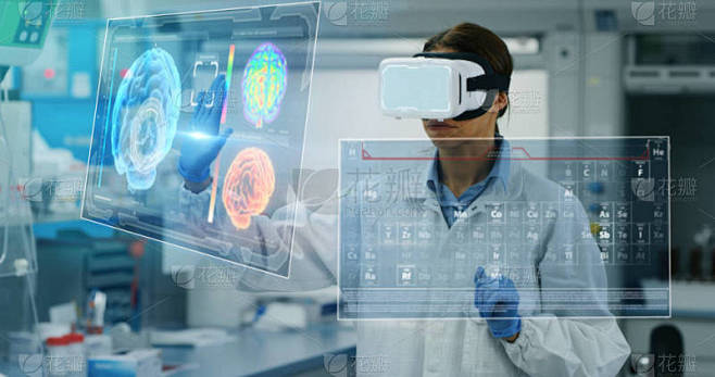 未来派研究人员的肖像使用增强现实 vr 眼镜与全息图图形在实验室的观察结果。8公里内中弹。未来医学和