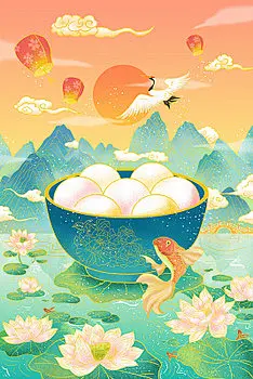 元宵节竖版国潮国风手绘卡通插画汤圆节气传统节日仙鹤荷花元宵节元宵节插画