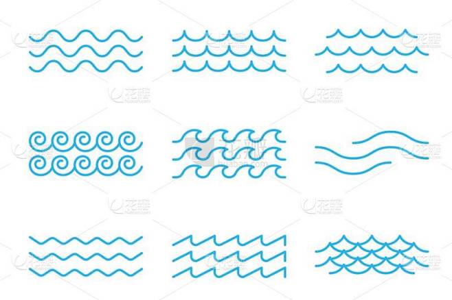 概述海浪和海浪的轮廓图标、蓝水或海潮模式、矢量边界和框架。蓝色水波波纹和流动水波的潮汐曲线或卷曲，海