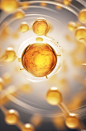 An image of a circular molecule surrounded by spores, in the style of light amber and gold, intricate still lifes, back button focus, drugcore, poured, selective focus