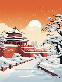 冬天的故宫，东方建筑，白雪和深红色的墙壁相互映衬海报