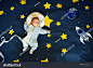 little boy baby sleeping in a suit of the astronaut on the background of the starry sky with stars and a space ship. View top, flat lay