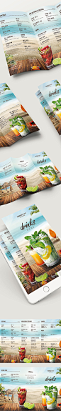 Beach Drinks Menu : Drinks Menu Tri Fold Template – This drinks menu template is a tri fold type drink card that is great for any summer drinks menus, such as a beach restaurant, a bar, club, lounge, pub, disco, open bar serving from cocktails to beer and