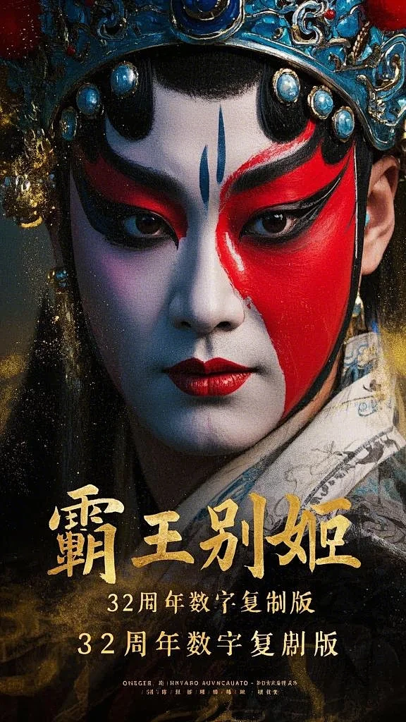 电影海报，特写镜头，海报中间是一张京剧扮相的脸正面大特写，一半脸是虞姬头饰造型流下眼泪，一半脸是京剧花脸将军造型的油彩花脸，颜色艳丽，造型华丽 ...
