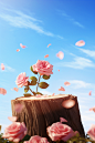 tree stump near pink rose petals, in the style of sky-blue and orange, soft-focused realism, disney animation, minimalist backgrounds, classical, historical genre scenes, delicate flowers, realistic blue skies