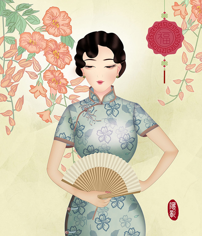 旗袍风情 怀旧 插画 手绘 优雅女性 唯...