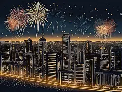 手绘风城市烟花AI数字艺术