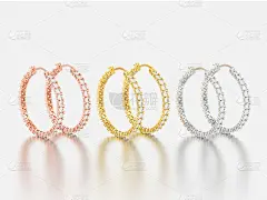 3D插图三对玫瑰黄和黄金装饰钻石耳环铰链锁