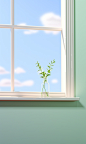 3d illustration of a window on an empty wall, in the style of light green and white, stan berenstain, blink-and-you-miss-it detail, realistic brushwork, solarizing master, hazy, realistic hyper-detail