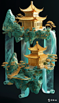 9x16_漂浮卷轴上的山水建筑_弯曲的卷轴_3D_金箔质感_金色建筑_漂浮