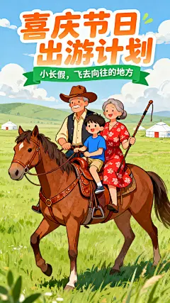 草原骑马10月1国庆出游计划插画海报素材