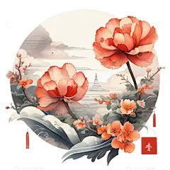 中国风水墨花朵红色古风植物高清模板免费下载-趣麦麦图