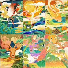 奇幻山海经神兽鲛人精卫鸟九尾狐鲲插画背景psd素材模板-淘宝网