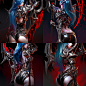 Close-up of a blue-haired banshee's butt, she's wearing intricate silver armor, shimmering red, holding a metallic ornate scythe, her skin very fine against a dark fantasy background of League of Legends splatter Art style, dark background, detailed chara