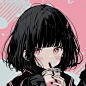 其中可能包括：an anime girl with black hair and pink eyes drinking from a straw in her hand