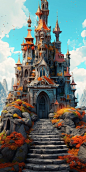 a city block with a temple and stone stairs, in the style of gothic steampunk, clear, color ful, sketchfab, caricature-like, i can't believe how beautiful this is, precise, detailed architecture paintings, whimsical grotesque, 3d rendering