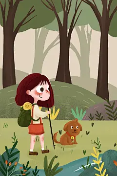 春天女孩探险旅行插画小清新手绘原创