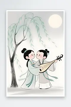 弹琴跳舞七夕情人节古代人汉服Q版情侣插画