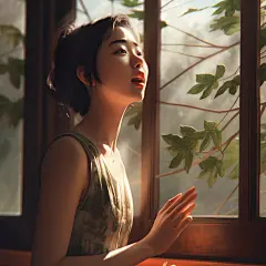 (1/4)一个女孩站在窗边，像Sandra Tang一样，庆祝大自然的欢乐，阳光洒在上面，超现实主义肖像，柔和梦幻的氛围，绿色，迷人的素描(AI绘图来自WeDraw.art)