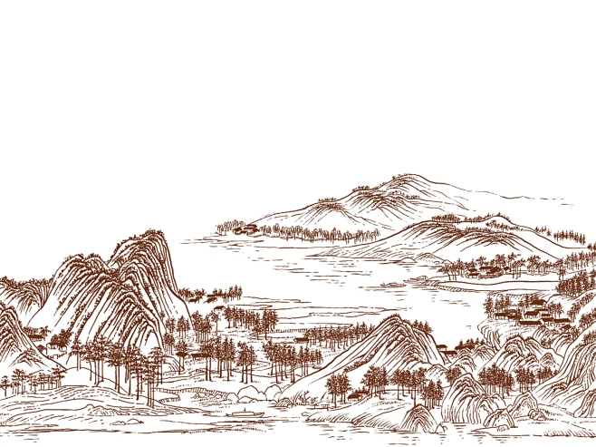 版画风【千里江山图】长卷-商业插画-插画...