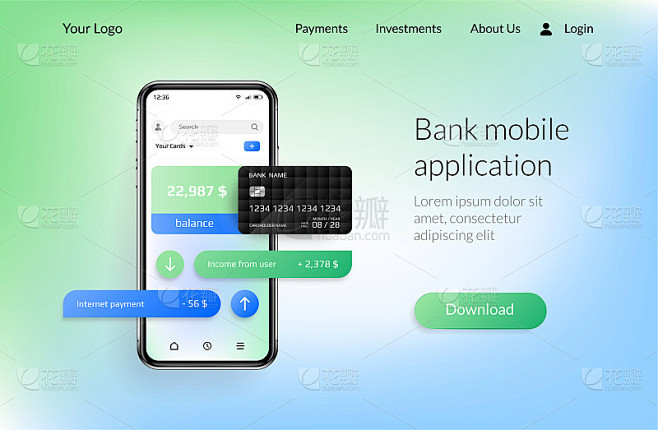 银行应用程序登陆页面。移动支付和金融账户...