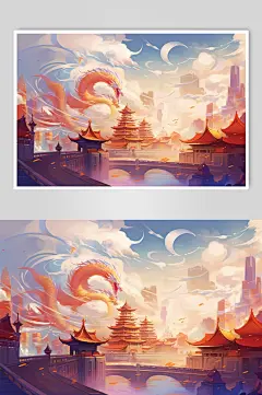 AI数字艺术龙年城市插画背景图
