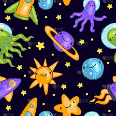 行星,卡通,星星,外星人,四方连续纹样,章鱼,天空,火箭,夜晚,微笑