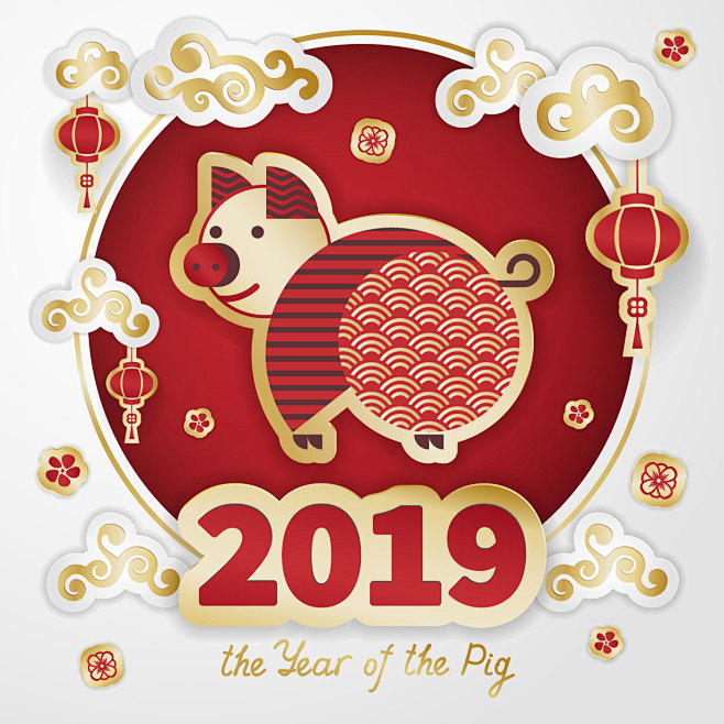 吉祥纹样 剪纸猪猪 云纹灯笼 2019新...