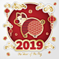 吉祥纹样 剪纸猪猪 云纹灯笼 2019新年海报设计AI20190018
