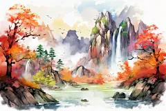 唯美枫叶国风水墨风秋天秋季自然风景插画