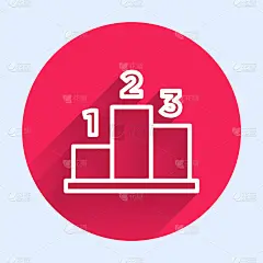 白线奖章上的体育冠军领奖台图标孤立与长阴影。红色圆圈按钮。向量