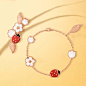 Lucky Spring clip, rose gold, carnelian, mother-of-pearl, onyx. Lucky Spring bracelet, 5 motifs, rose gold, carnelian, mother-of-pearl, onyx. Lucky Spring collection, Van Cleef & Arpels