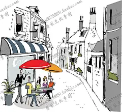 A1774矢量欧洲城市小镇街景建筑人物街头手绘插画图案 AI设计素材-淘宝网