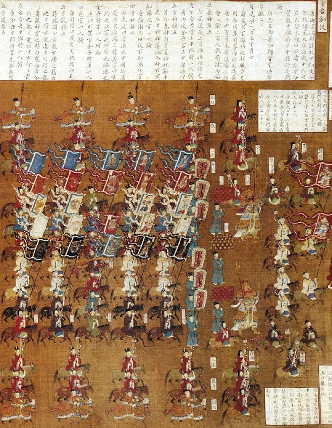 北宋《大駕鹵簿圖書》局部，仪仗的旗帜上居...