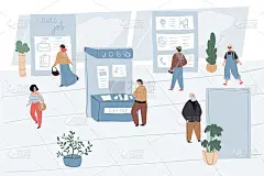卡通平面工作人物在招聘会，矢量插图