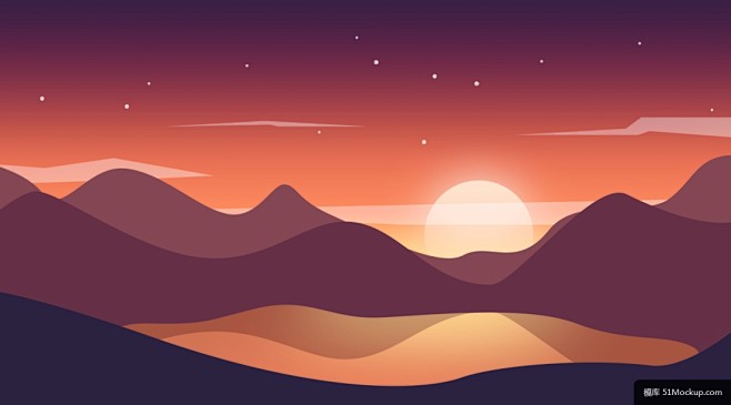 潮流扁平化风景植物山脉山水装饰画湖山远景卡通渐变插画048模板平面